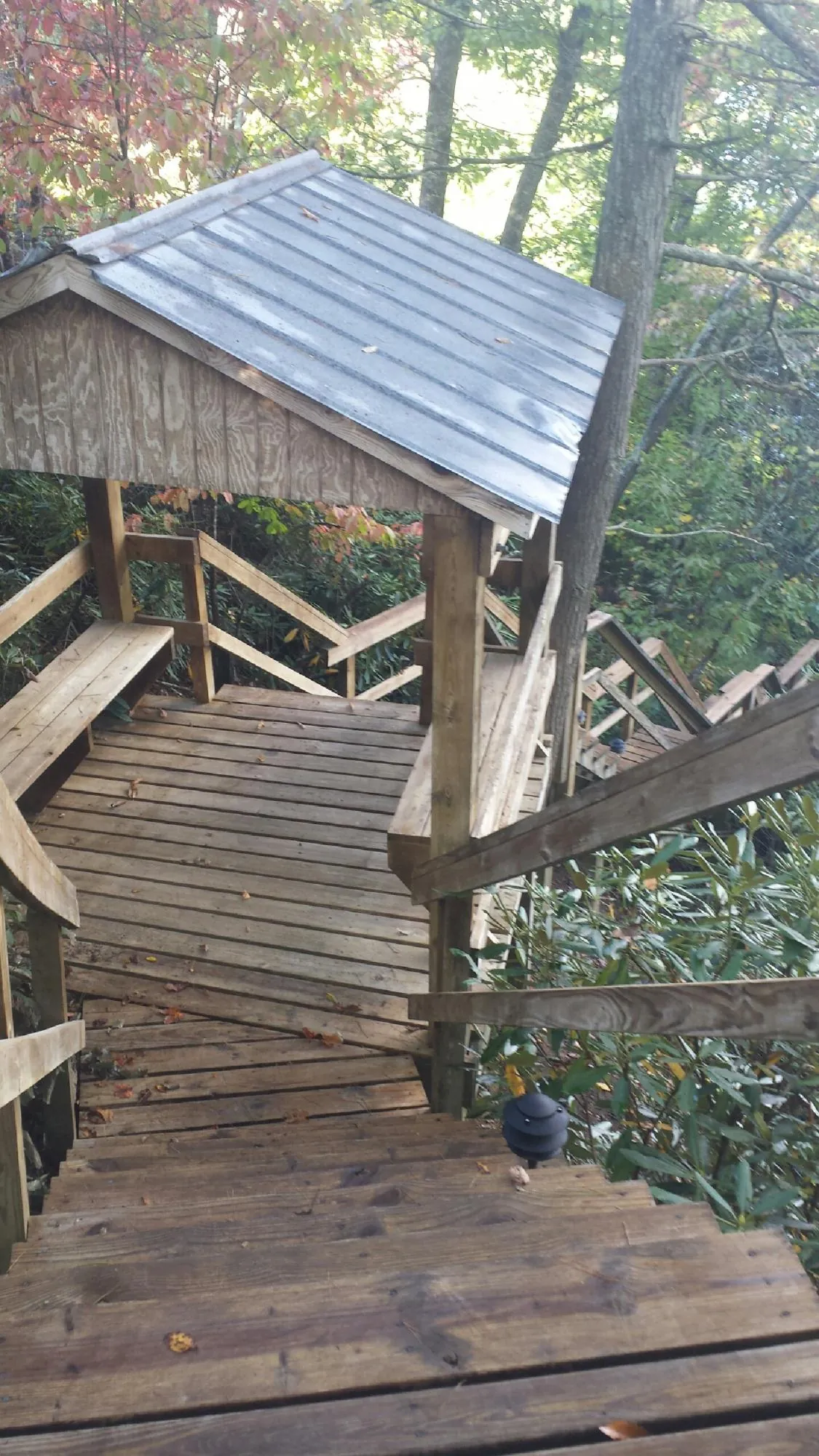 Metal roofed shelter over wooden steps on a wooded walkway — Skylight Repair & Installation work by our crew in Creekside